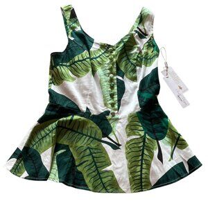 Bella Pogue Women's M Peplum Tank Top Tropical Leaves Summer Resort Cotton Blend